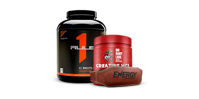 Rule 1 Whey Protein - Frozen Banana + Big Ramy Labs Red Rex Creatine HCL - Fruit Punch + Back belt