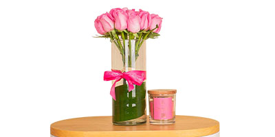 Pink Flower Vase And Candle - 15 Rose