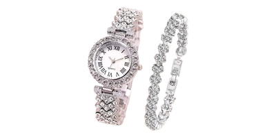 Rhinestone Decor Round Pointer Watch & Bracelet